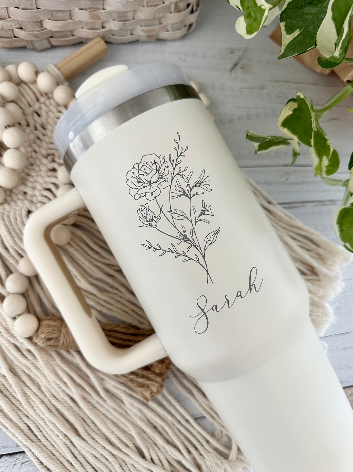 Personalized Birth Flower 40oz Tumbler with Handle