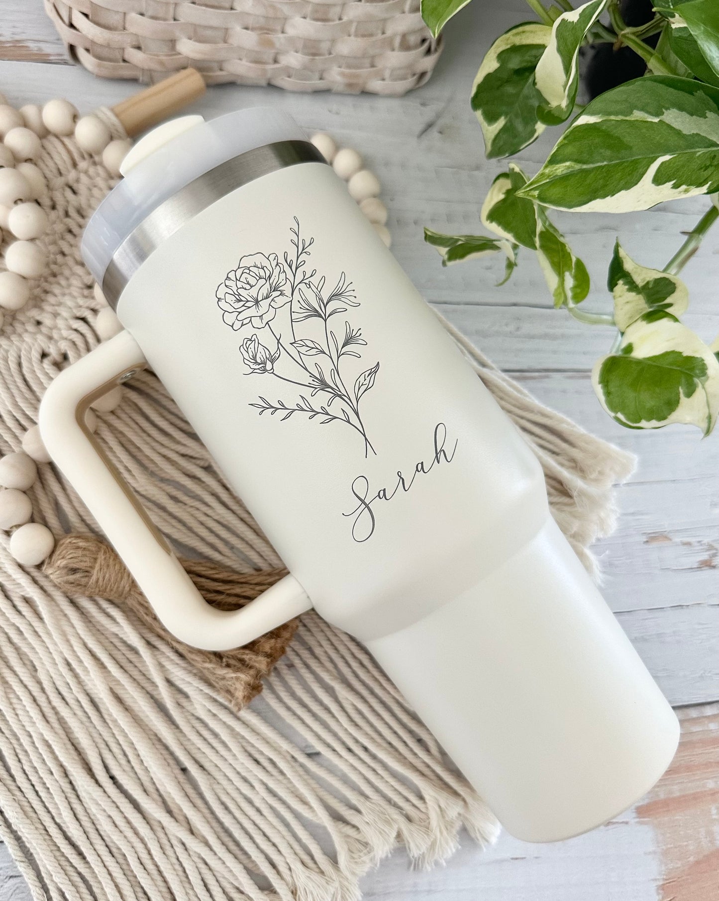 Personalized Birth Flower 40oz Tumbler with Handle